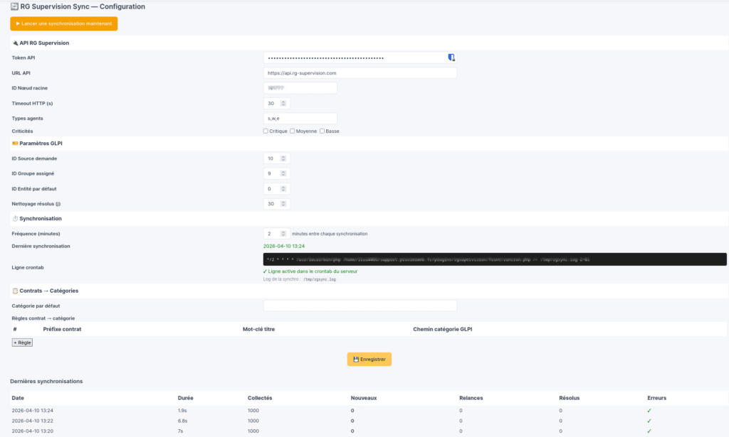Écran de configuration du plugin rg supervision sync