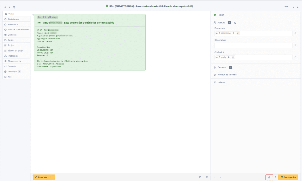 Exemple de création d'un ticket avec RG Supervision Sync